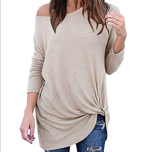 Casual Tan off Shoulder Long Sleeve Top - Picture 2 of 6